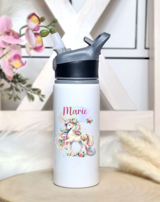 Personalisierte Trinkflasche mit Namen und Strohhalm Einhorn Wasserflasche aufklappbares Mundstück - CreativMade