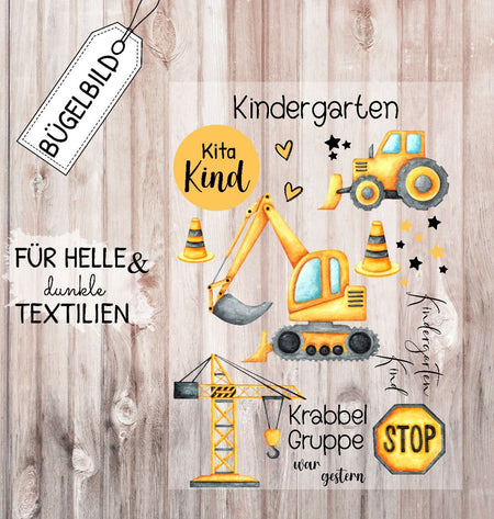 Bügelbild Bagger Kita Kindergarten Kind Textilaufbügler DIY Projekt hochwertiger DTF Ausdruck XL - CreativMade