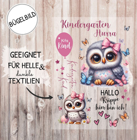 Bügelbild Eule Kita Kindergarten Kind Textilaufbügler DIY Projekt hochwertiger DTF Ausdruck XL - CreativMade