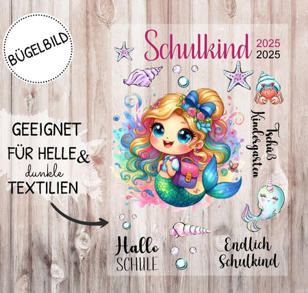 Bügelbild Meerjungfrau Schulkind Kinder Textilaufbügler DIY Projekt hochwertiger DTF Ausdruck XL - CreativMade