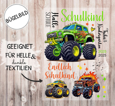Bügelbild Monstertruck Schulkind Kinder Textilaufbügler DIY Projekt hochwertiger DTF Ausdruck XL - CreativMade