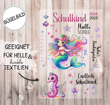 Bügelbild Meerjungfrau Schulkind Kinder Textilaufbügler DIY Projekt hochwertiger DTF Ausdruck XL - CreativMade