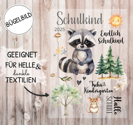 Bügelbild Waschbär Schulkind Kinder Textilaufbügler DIY Projekt hochwertiger DTF Ausdruck XL - CreativMade