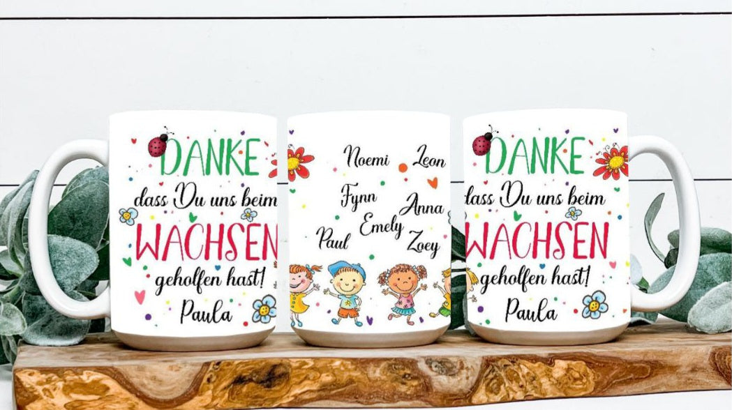 Tasse Danke, dass Du uns beim Wachsen geholfen hast! mit Name Abschiedsgeschenk Erzieherin - CreativMade 