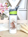 Personalisierte Trinkflasche mit Namen und Strohhalm Eule Waldtiere Wasserflasche aufklappbares Mundstück - CreativMade