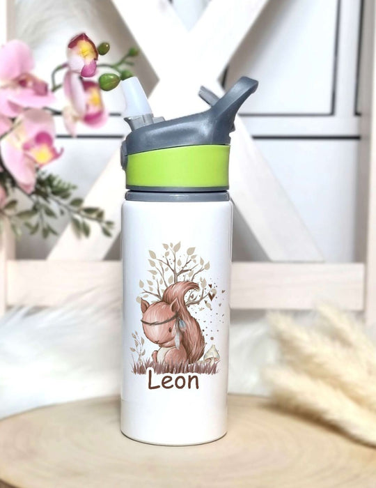 Personalisierte Trinkflasche mit Namen und Strohhalm Eule Waldtiere Wasserflasche aufklappbares Mundstück - CreativMade