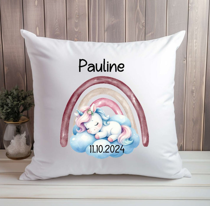 Personalisiertes Kissen Regenbogen Einhorn Mädchen Kinderkissen Kissenhülle Kissenbezug mit Reißverschluss 40x40cm - CreativMade