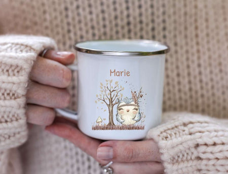 Personalisierte Tasse Eule Waldtiere Kindertasse mit Name Mädchen Emaille Keramik Namenstasse - CreativMade