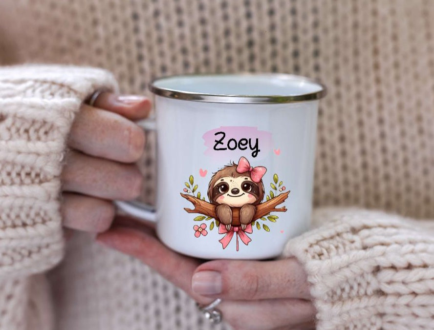 Personalisierte Tasse Faultier Kindertasse mit Name Mädchen Emaille Keramik Namenstasse - CreativMade