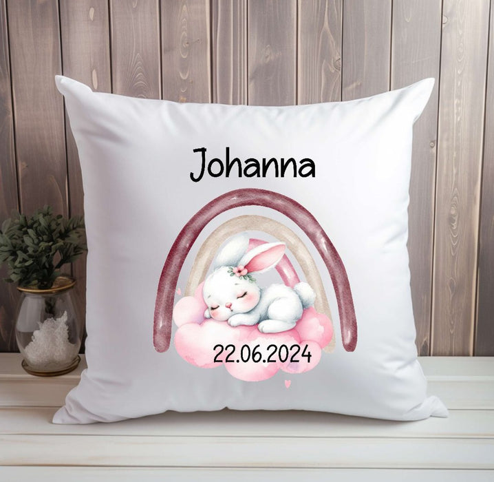 Personalisiertes Kissen Regenbogen Hase Mädchen Kinderkissen Kissenhülle Kissenbezug mit Reißverschluss 40x40cm - CreativMade