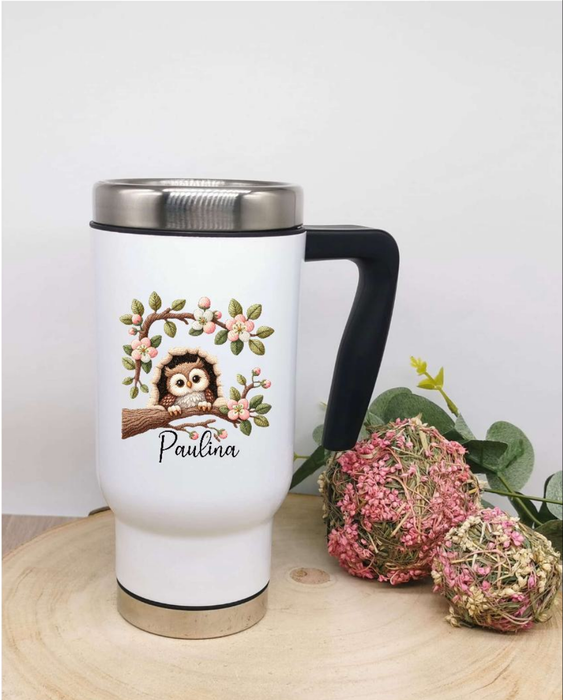 Thermobecher personalisiert Eule Cup Becher mit Namen Edelstahl mit Griff Geschenk Kaffeebecher Auto Reisebecher isoliert