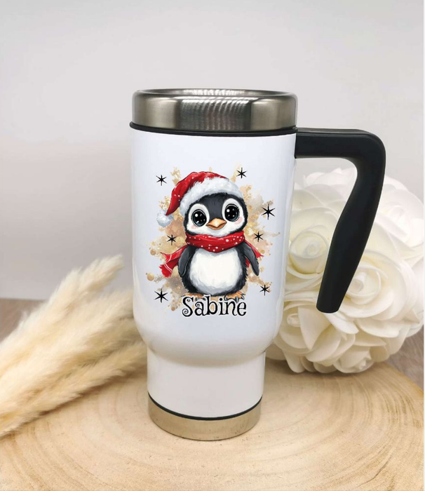 Thermobecher personalisiert Pinguin Cup Becher mit Namen Edelstahl mit Griff Geschenk Kaffeebecher Auto Reisebecher isoliert