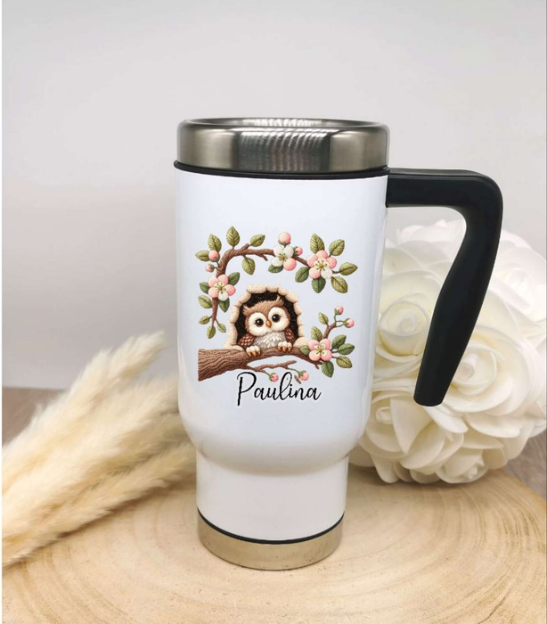 Thermobecher personalisiert Eule Cup Becher mit Namen Edelstahl mit Griff Geschenk Kaffeebecher Auto Reisebecher isoliert