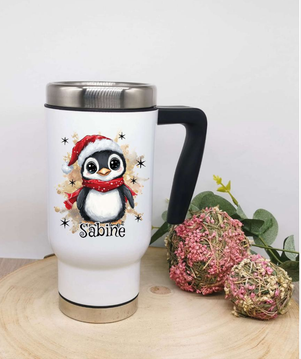 Thermobecher personalisiert Pinguin Cup Becher mit Namen Edelstahl mit Griff Geschenk Kaffeebecher Auto Reisebecher isoliert