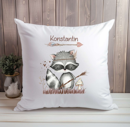 Personalisiertes Kissen Waschbär Kinderkissen Kissenhülle Kissenbezug mit Reißverschluss 40x40cm Geschenkidee - CreativMade