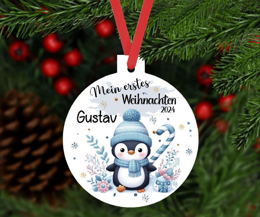 Mein erstes Weihnachten personalisiert Junge Pinguin Weihnachtsbaum Anhänger mit Name Weihnachtsanhänger Christbaumschmuck Baby Ornament - CreativMade 