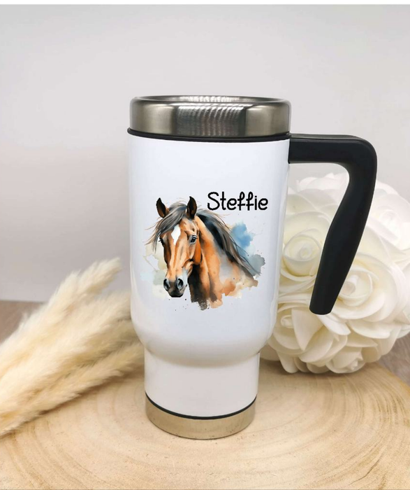 Thermobecher personalisiert Pferd Cup Becher mit Namen Edelstahl mit Griff Geschenk Kaffeebecher Auto Reisebecher isoliert