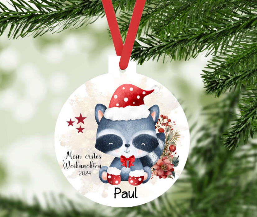 Mein erstes Weihnachten personalisiert Junge Waschbär Weihnachtsbaum Anhänger mit Name Weihnachtsanhänger Christbaumschmuck Baby Ornament - CreativMade 