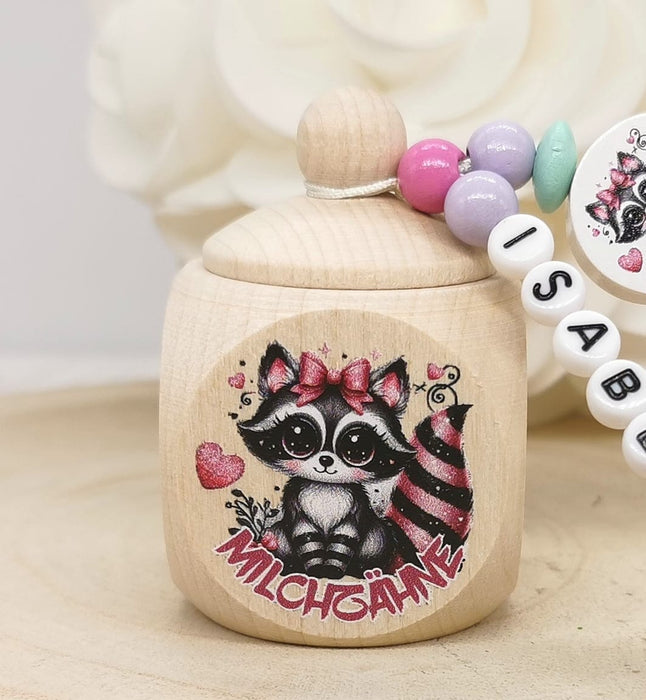 Milchzahndose personalisiert Waschbär Zahndose mit Name Mädchen Schraubverschluss Holz Geschenk Einschulung - CreativMade 