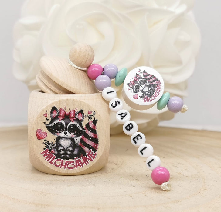 Milchzahndose personalisiert Waschbär Zahndose mit Name Mädchen Schraubverschluss Holz Geschenk Einschulung - CreativMade 