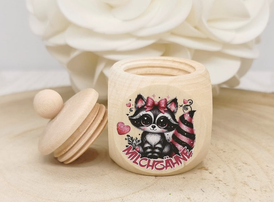 Milchzahndose personalisiert Waschbär Zahndose mit Name Mädchen Schraubverschluss Holz Geschenk Einschulung - CreativMade 