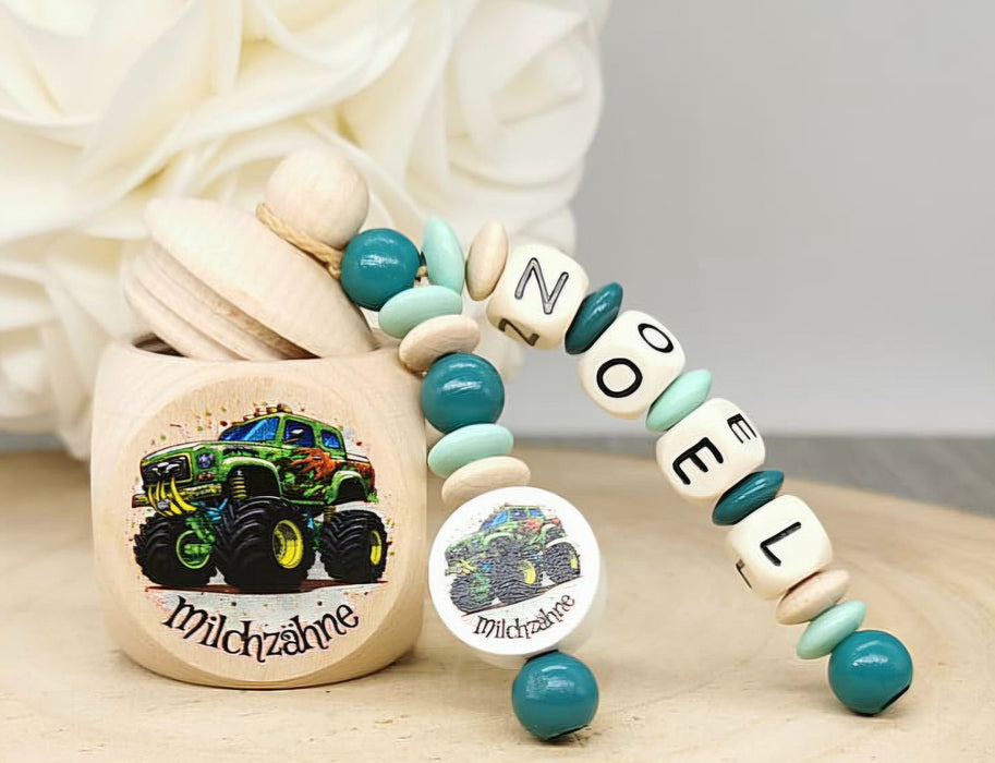 Milchzahndose Zahndose mit Namen personalisiert Monstertruck Zahndose Jungen Holz Schraubverschluss Geschenk Einschulung - CreativMade