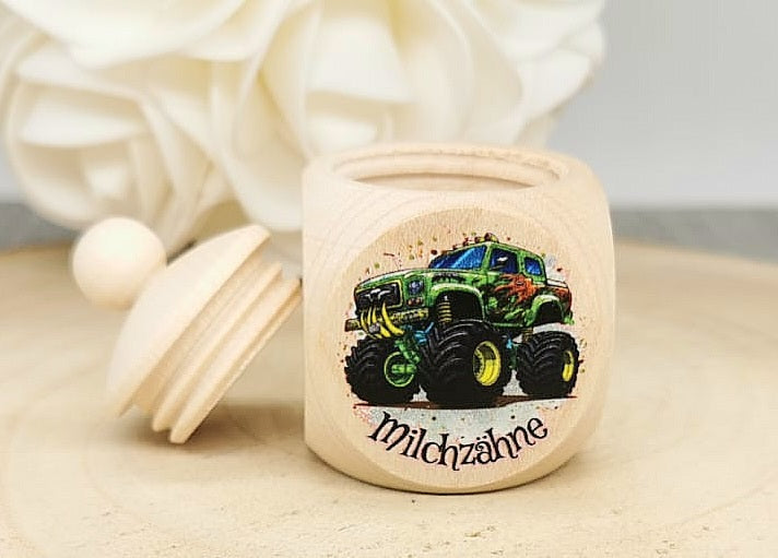 Milchzahndose Zahndose mit Namen personalisiert Monstertruck Zahndose Jungen Holz Schraubverschluss Geschenk Einschulung - CreativMade