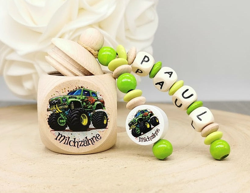 Milchzahndose Zahndose mit Namen personalisiert Monstertruck Zahndose Jungen Holz Schraubverschluss Geschenk Einschulung - CreativMade