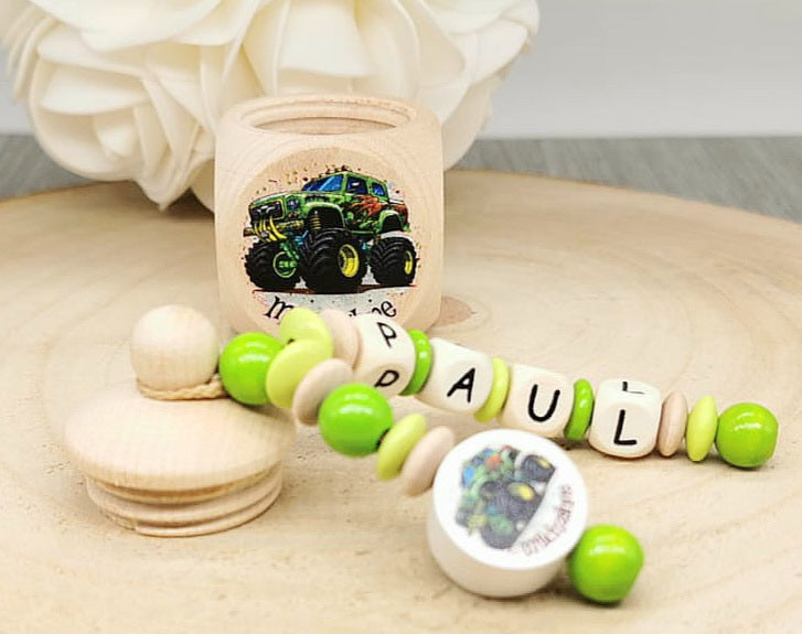 Milchzahndose Zahndose mit Namen personalisiert Monstertruck Zahndose Jungen Holz Schraubverschluss Geschenk Einschulung - CreativMade