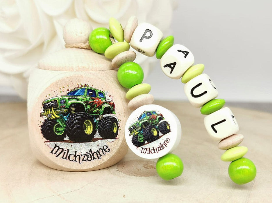 Milchzahndose Zahndose mit Namen personalisiert Monstertruck Zahndose Jungen Holz Schraubverschluss Geschenk Einschulung - CreativMade
