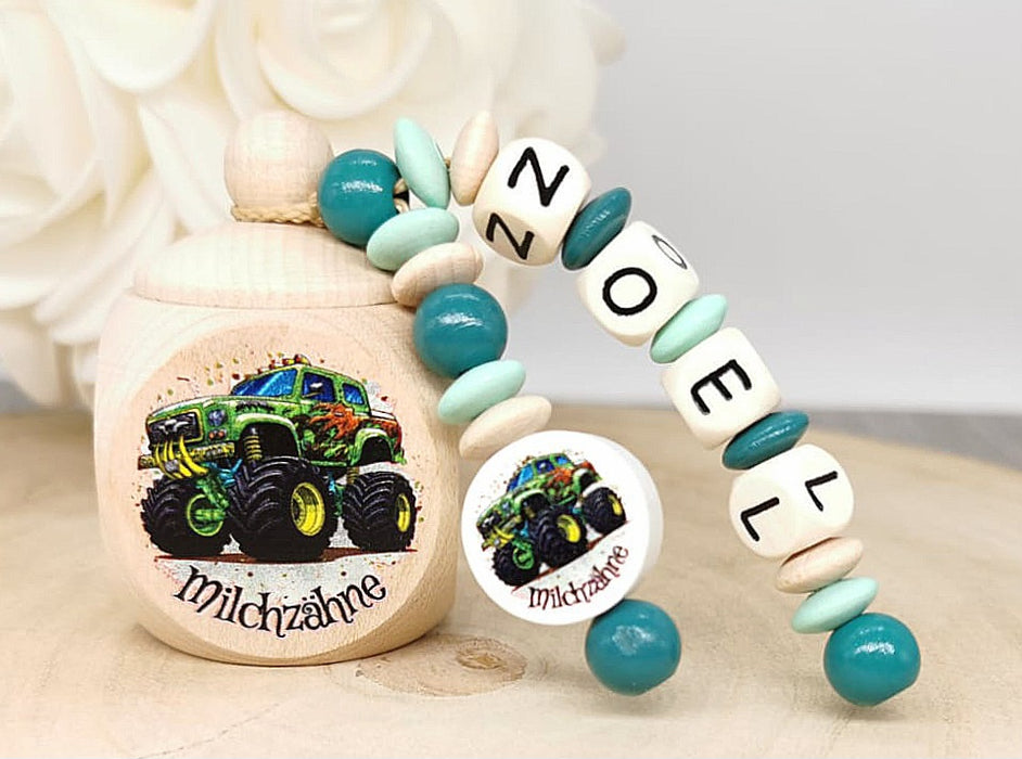 Milchzahndose Zahndose mit Namen personalisiert Monstertruck Zahndose Jungen Holz Schraubverschluss Geschenk Einschulung - CreativMade