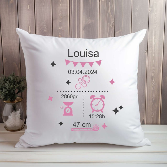 Personalisiertes Kissen mit Geburtsdaten Mädchen Datum Gewicht Geschenk Geburt Taufe Kinderkissen Kissenhülle Kissenbezug mit Reißverschluss 40x40cm - CreativMade