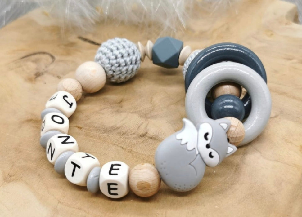 Greifling Baby personalisiert mit Namen Fuchs Beißring Mintgrün Geschenk Geburt Greifring - CreativMade