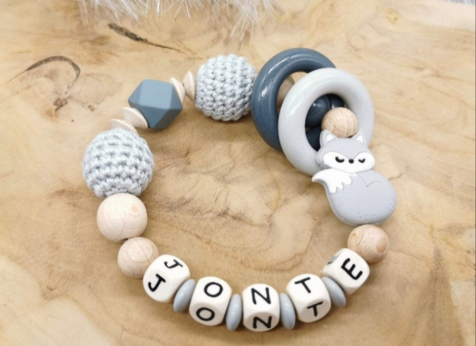 Greifling Baby personalisiert mit Namen Fuchs Beißring Mintgrün Geschenk Geburt Greifring - CreativMade