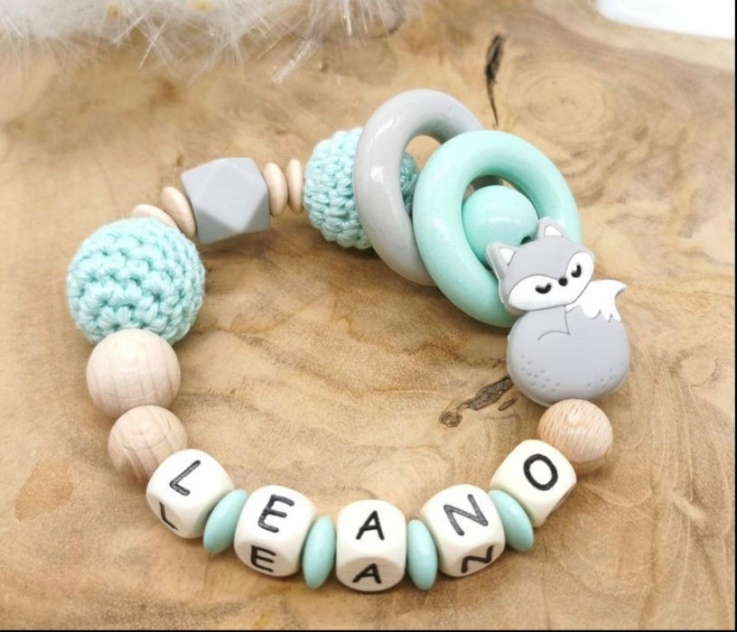Greifling Baby personalisiert mit Namen Fuchs Beißring Mintgrün Geschenk Geburt Greifring - CreativMade