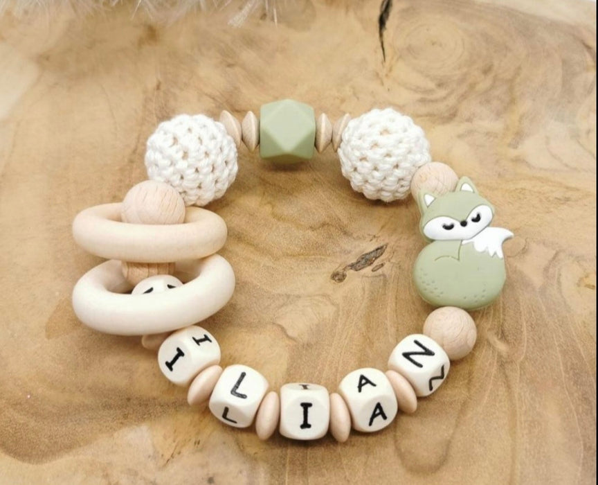 Greifling Baby personalisiert mit Namen Fuchs Beißring Mintgrün Geschenk Geburt Greifring - CreativMade