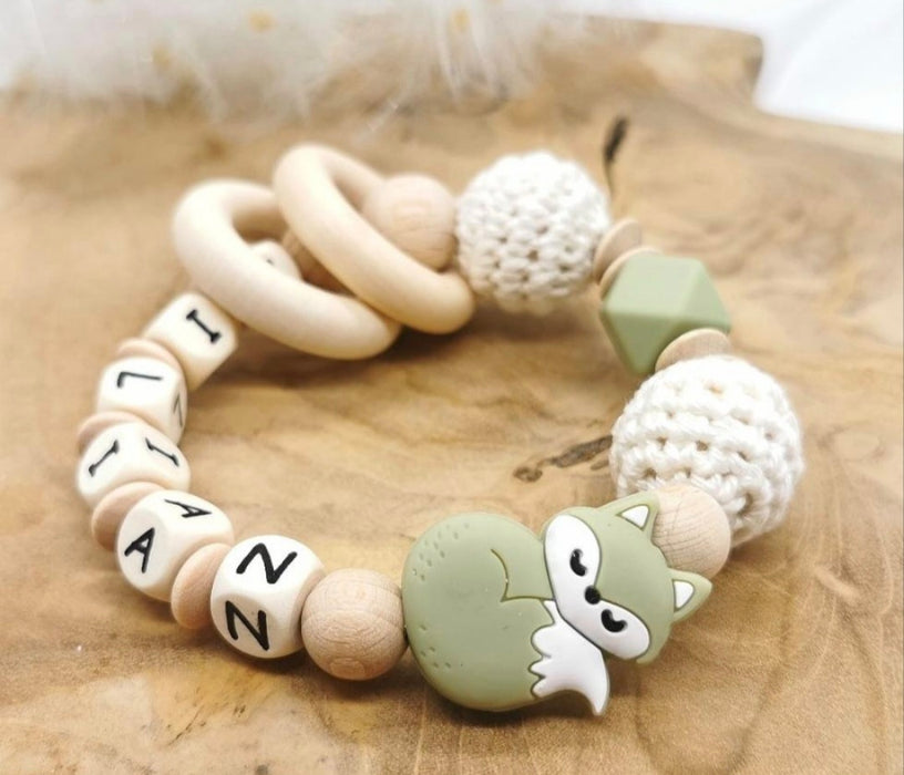 Greifling Baby personalisiert mit Namen Fuchs Beißring Mintgrün Geschenk Geburt Greifring - CreativMade