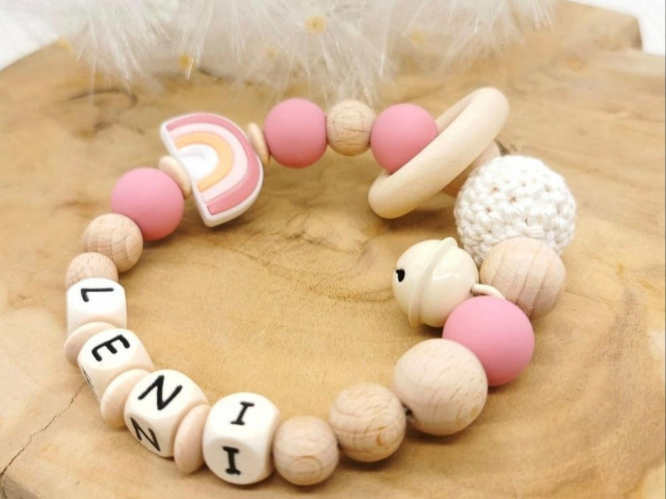 Greifling Baby personalisiert mit Namen Regenbogen Beißring Babyrosa Geschenk Geburt Greifring - CreativMade