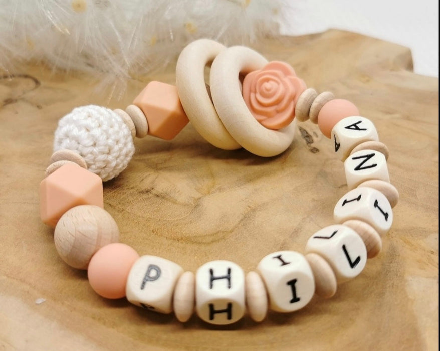 Greifling Baby personalisiert mit Namen Blume Beißring Apricot Geschenk Geburt Greifring - CreativMade