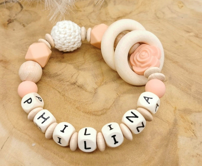 Greifling Baby personalisiert mit Namen Blume Beißring Apricot Geschenk Geburt Greifring - CreativMade