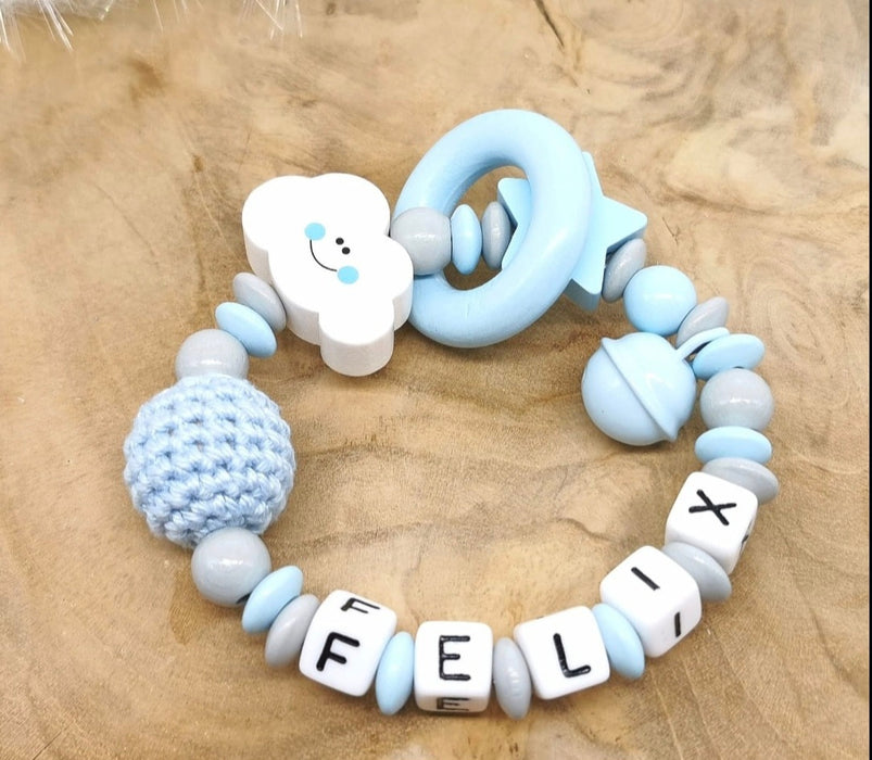 Greifling Baby personalisiert mit Namen Wolke Beißring Babyblau Geschenk Geburt Greifring - CreativMade