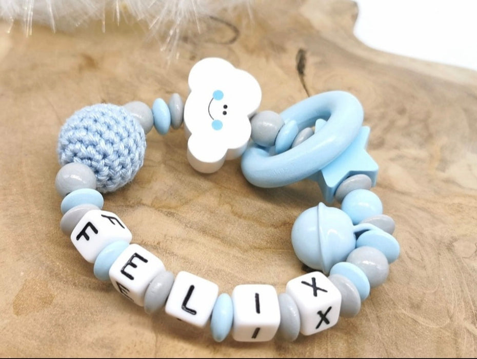 Greifling Baby personalisiert mit Namen Wolke Beißring Babyblau Geschenk Geburt Greifring - CreativMade