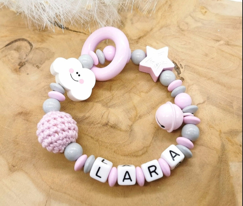 Greifling Baby personalisiert mit Namen Wolke Beißring Rosa Geschenk Geburt Greifring - CreativMade