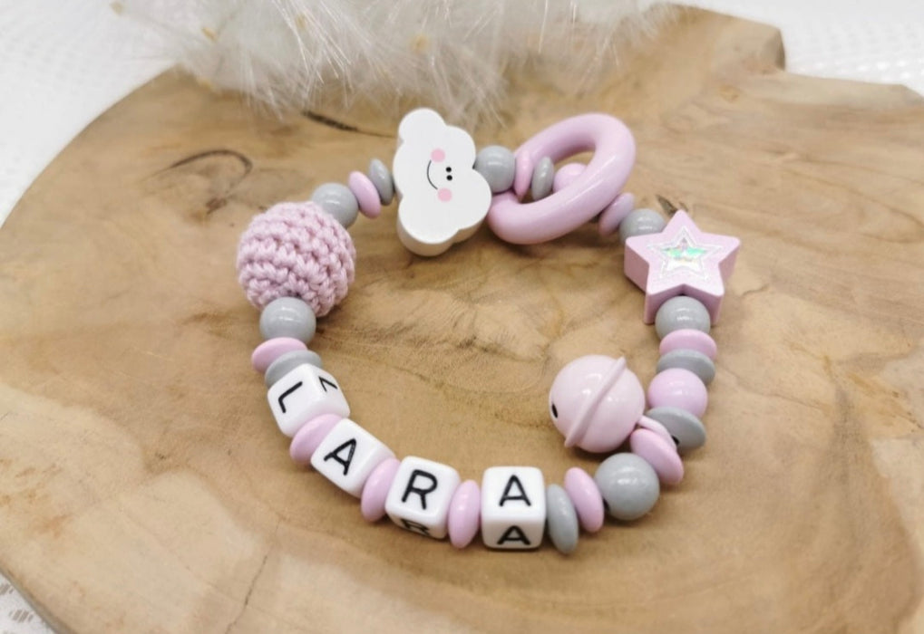 Greifling Baby personalisiert mit Namen Wolke Beißring Rosa Geschenk Geburt Greifring - CreativMade