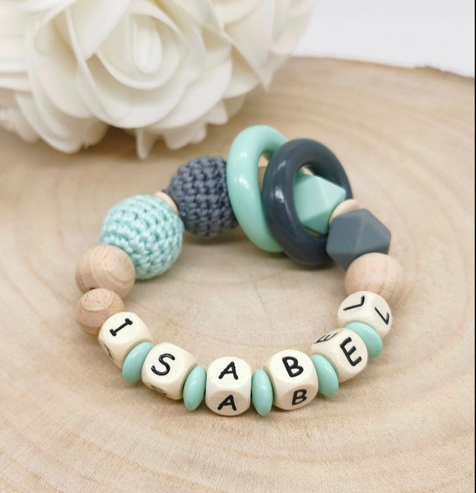 Greifling Baby personalisiert mit Namen Beißring Mintgrün Geschenk Geburt Greifring - CreativMade