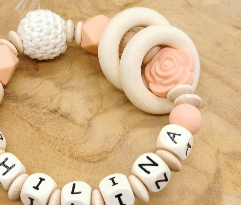 Greifling Baby personalisiert mit Namen Blume Beißring Apricot Geschenk Geburt Greifring - CreativMade