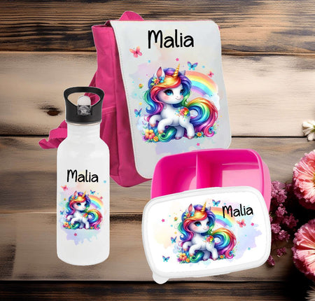 Brotdose Trinkflasche und Rucksack personalisiert Einhorn Kinder Set Edelstahl Flasche Kita Set Kindergarten Kinderrucksack Mädchen - CreativMade