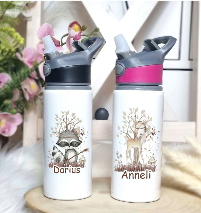 Personalisierte Trinkflasche mit Namen und Strohhalm Eule Waldtiere Wasserflasche aufklappbares Mundstück - CreativMade