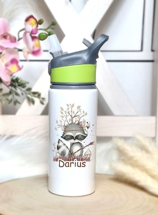 Personalisierte Trinkflasche mit Namen und Strohhalm Eule Waldtiere Wasserflasche aufklappbares Mundstück - CreativMade