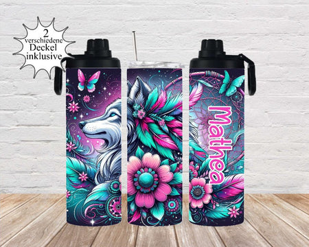 Thermobecher to go personalisiert Wolf Trinkbecher mit Strohhalm Tumbler Becher Kaffeebecher - CreativMade 